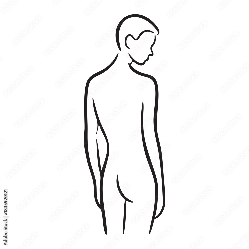 Fototapeta premium Minimalist black line art of a person seen from behind looking down black and white human