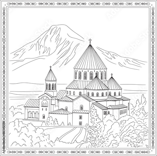 Ancient armenian monastery with mount ararat in line art