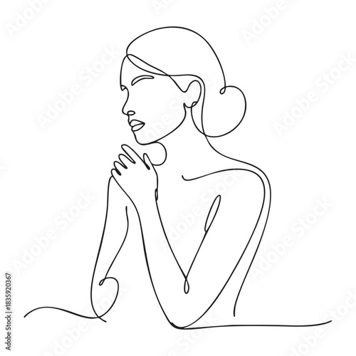 Minimalist black line drawing of a woman with hair bun touching her shoulder line art