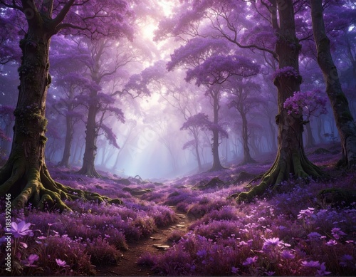 Purple forest path sunlight trees nature