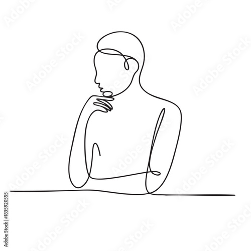 Minimalist single line drawing of a person in profile with hand on chin line art sketch