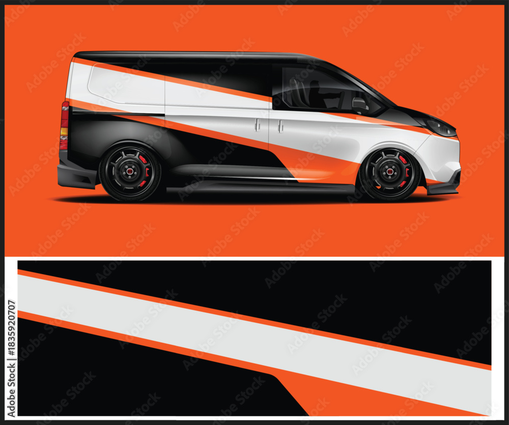 Fototapeta premium Modern van wrap design with orange and white stripes for vehicle branding