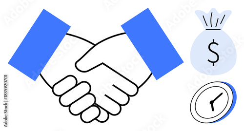 Business deals, partnership, time management, agreements, financial transactions, collaboration. Handshake icon with a money bag and clock symbols. Business partnership and time management concept