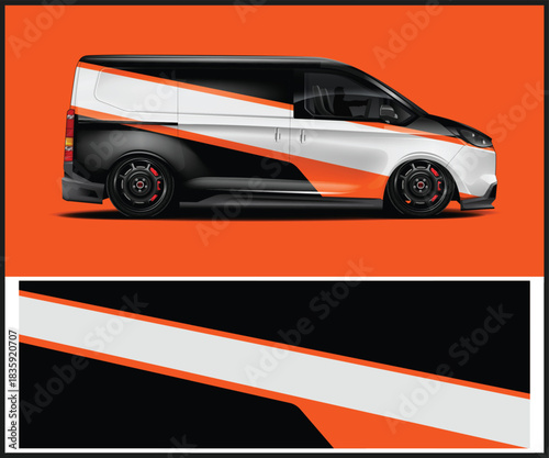 Modern van wrap design with orange and white stripes for vehicle branding