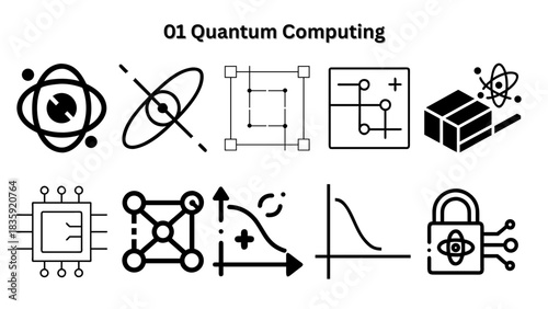 Quantum Computing Vector Icons – Qubits, Algorithms, Superposition, Entanglement, Quantum Technology