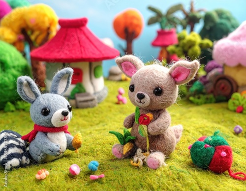 Rabbit and bear with flower in garden