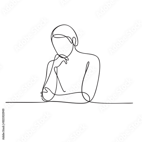 Single line drawing of a person resting chin on hand line art human