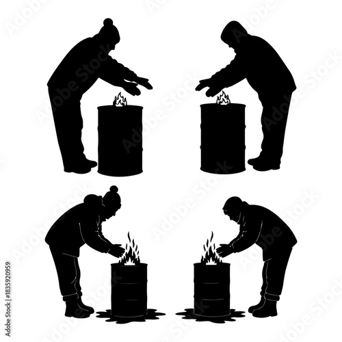 People Warming Hands at Burning Barrels in Cold Silhouettes
