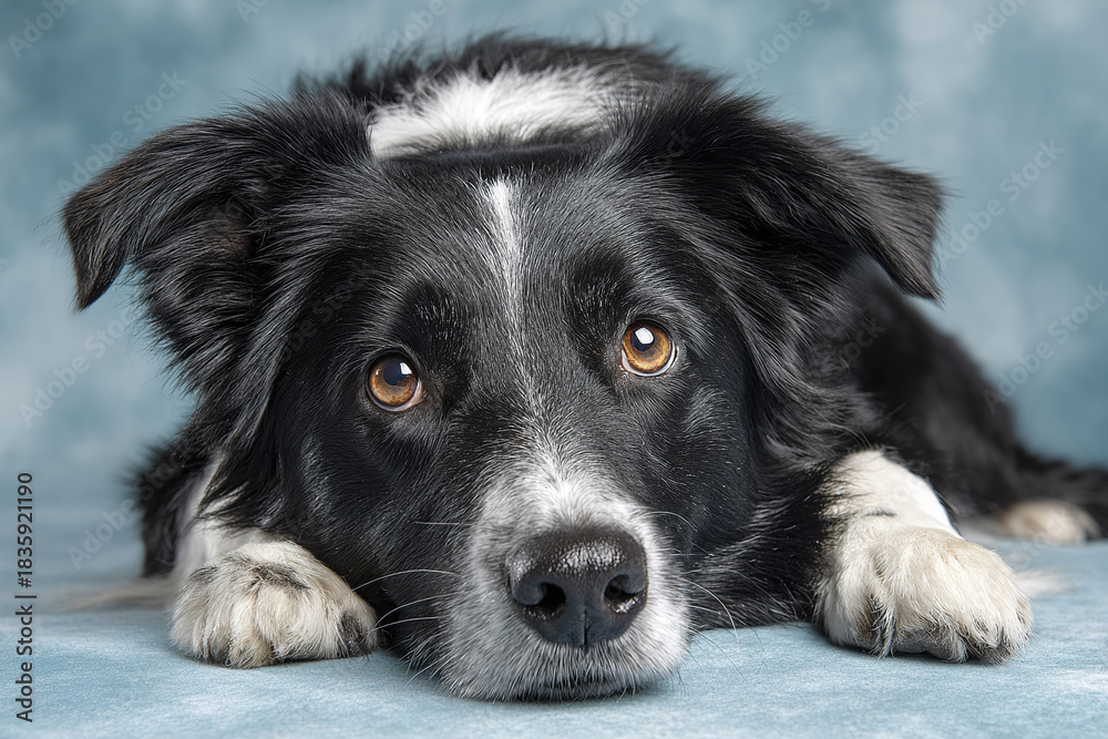Fototapeta premium Black and white Border Collie lying down with paws forward on soft pastel blue surface, looking attentively with warm brown eyes, showing calm and gentle expression