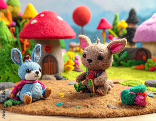 Rabbits in whimsical mushroom forest scene