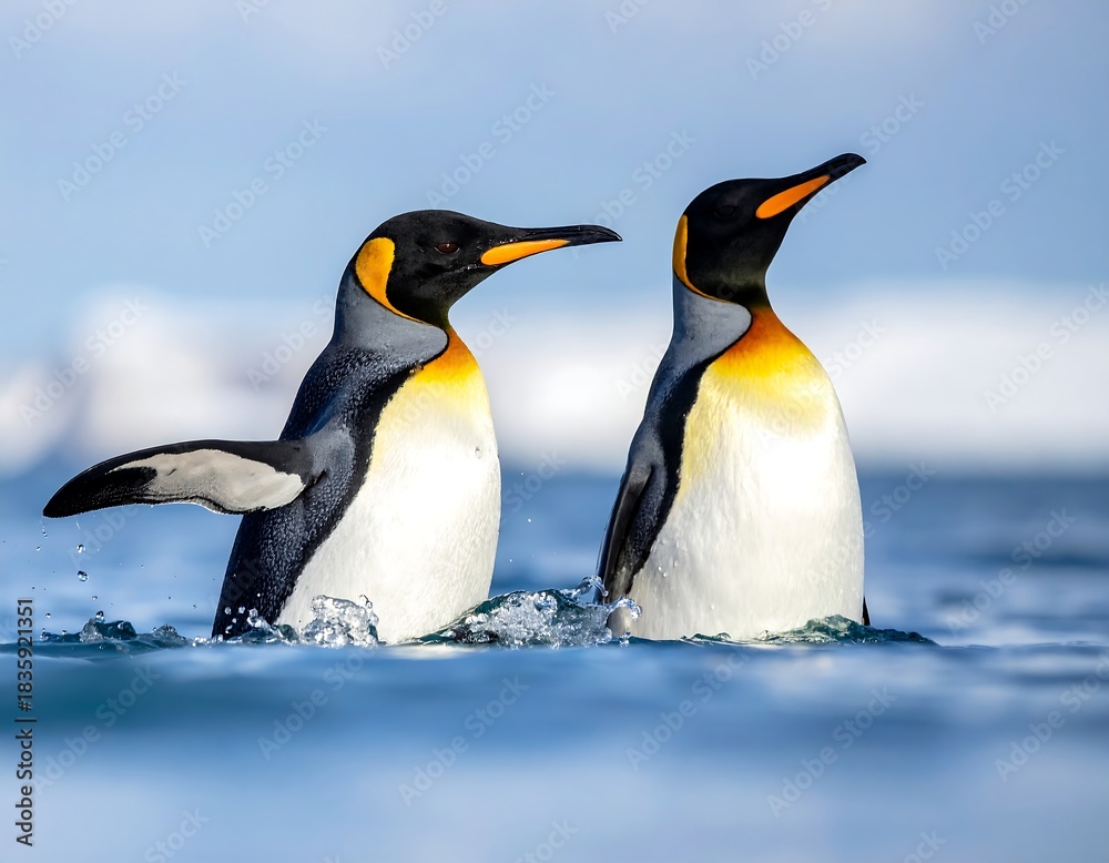 Fototapeta premium Two majestic penguins emerge from the ocean water