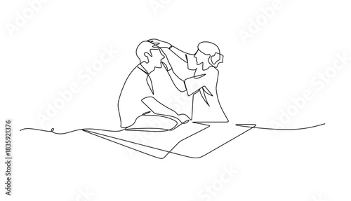 Continuous line A female doctor treats a young male patient in bed and talks to an Asian male patient at the hospital bedside in a hospital emergency room.