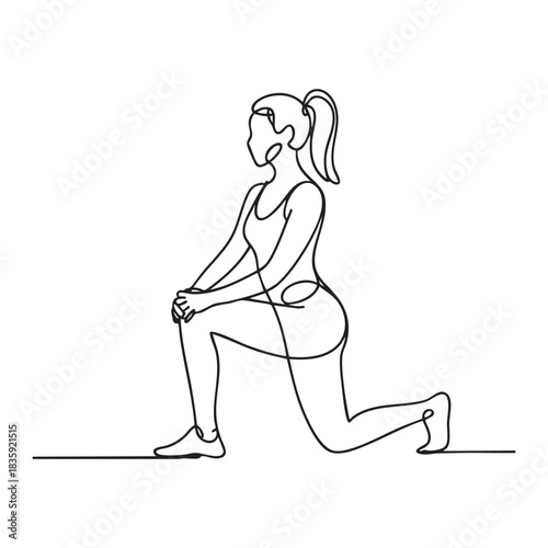Single line drawing of a woman in a lunge stretch pose fitness exercise