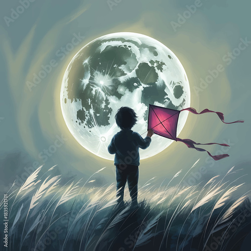 dream Haigh child with kite gazing at enormous full moon under dreamy sky