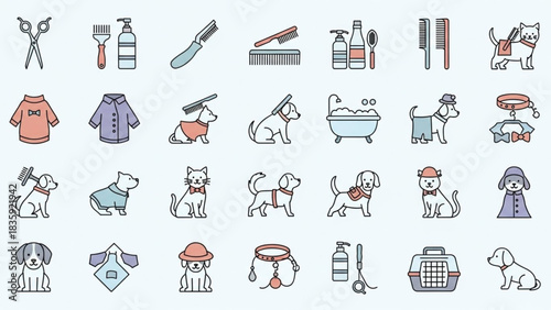 Cute Flat Pet Icons Pack – Dog, Cat, Bird and Fish Supplies Vector