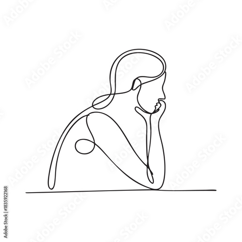 Single line drawing of a woman resting her chin on her hand line art female
