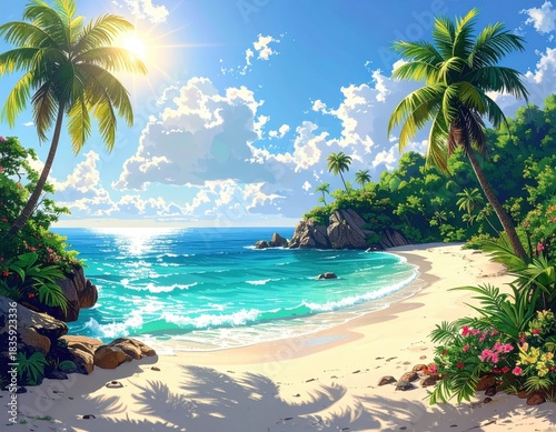Tropical beach with palm trees and turquoise water