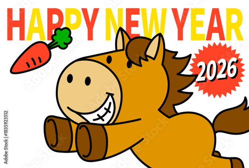 2026年午年　年賀状テンプレート（馬のキャラクターD）