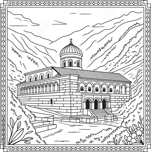 Monastery in mountains line art illustration coloring page