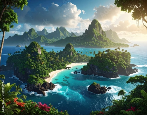 Tropical island paradise with lush vegetation