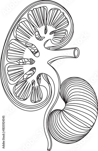 Stylized human kidney cross-section medical drawing