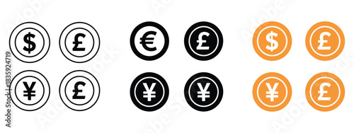 currency money dollar, euro, yen, and sterling icon set, featuring global currency symbols for financial apps, banking interfaces, economic graphics, payment systems, and modern vector illustration 
