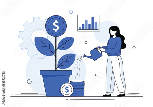 Woman watering money plant symbolizing investment growth and financial success - Flat Vector Illustration, icon. Editable stroke. Colored vector illustration