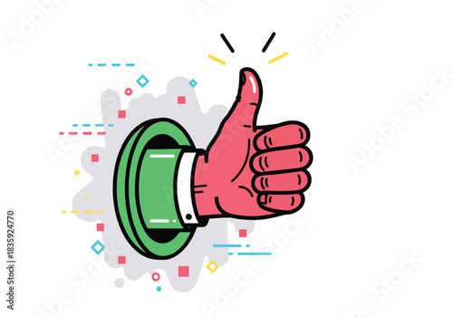 Hand giving a thumbs up sign from a green circular portal - Flat Vector Illustration, icon. Editable stroke. Colored vector illustration