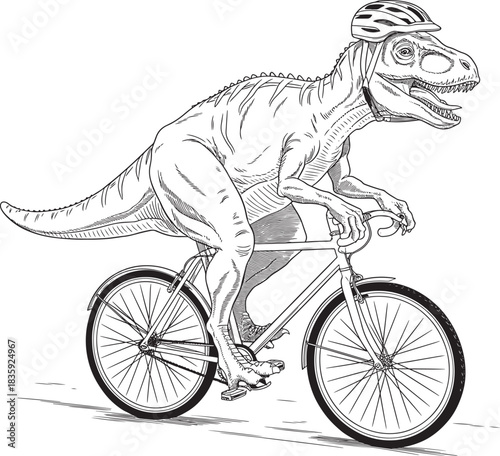 Tyrannosaurus rex riding bicycle, wearing safety helmet