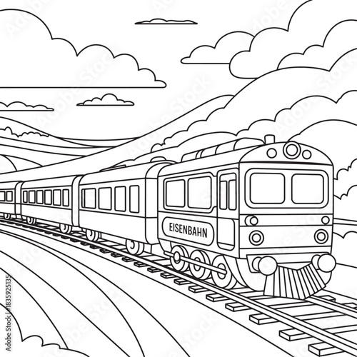 Vintage train traveling through scenic mountainous landscape