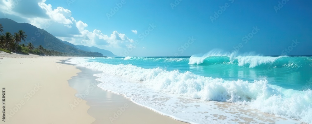 Fototapeta premium Azure sky, dazzling white sand, and powerful whitecap waves rolling ashore , blue, paradise, tropical