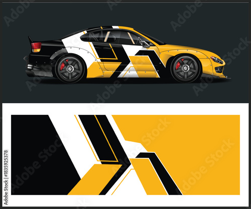 Sport car wrap design with geometric pattern in yellow black and white colors