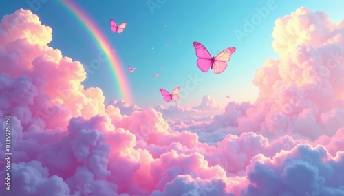 Pastel low poly butterflies flutter across a rainbow hologram sky Dreamy cloudscape , sky, heaven