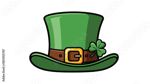 A cartoon illustration of a green leprechaun hat with a brown band and a shamrock on the side.