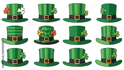 A collection of twelve green leprechaun hats decorated with shamrocks and buckles, arranged in a grid.