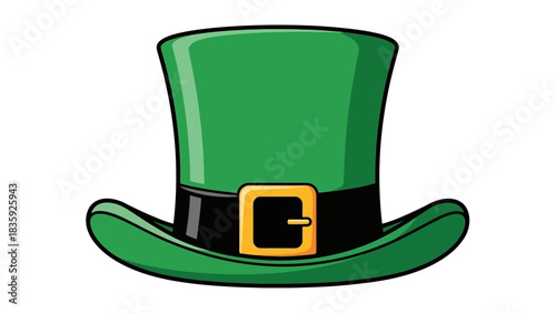 A cartoon illustration of a green leprechaun hat with a black band and a golden buckle.
