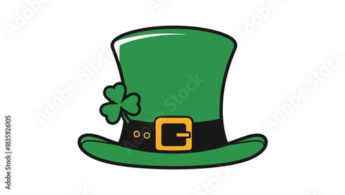 A cartoon illustration of a green leprechaun hat with a shamrock and a gold buckle.