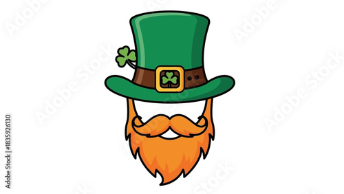 A cartoon illustration of a leprechaun's hat with a shamrock and a large orange beard and mustache.