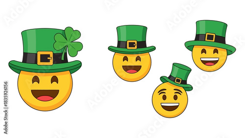 Four smiling yellow emojis wearing green St. Patrick's Day hats with buckles and a shamrock.