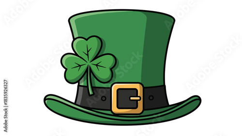 A vibrant illustration of a green leprechaun hat with a shamrock and buckle.