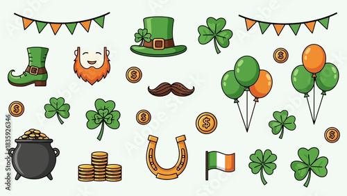 A collection of St. Patrick's Day themed illustrations including a leprechaun, shamrocks, a pot of gold, and balloons.