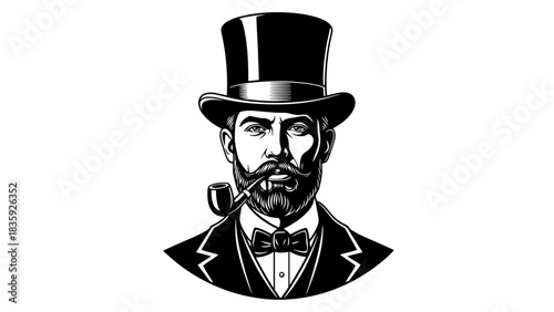 Monochrome illustration of a man with a top hat and pipe.
