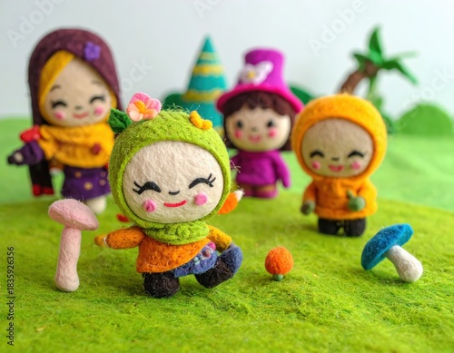 Felt dolls playing among mushrooms