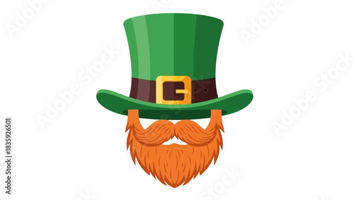 A green leprechaun hat with a buckle and a bright orange beard and mustache.
