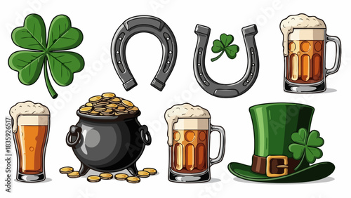 Collection of St. Patrick's Day themed illustrations, including shamrocks, horseshoes, and beer mugs.