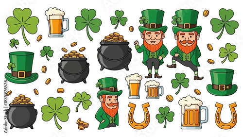 A collection of St. Patrick's Day themed illustrations including leprechauns, pots of gold, shamrocks, beer mugs, and horseshoes.
