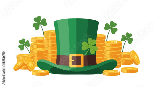 A St. Patrick's Day themed illustration featuring a green leprechaun hat surrounded by stacks of gold coins and shamrocks.