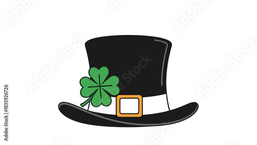 A black top hat adorned with a green shamrock clover for St. Patrick's Day.