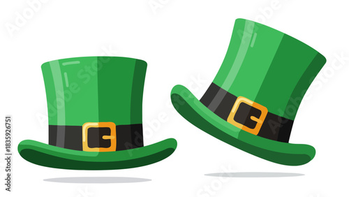 Two green leprechaun hats with black bands and gold buckles.