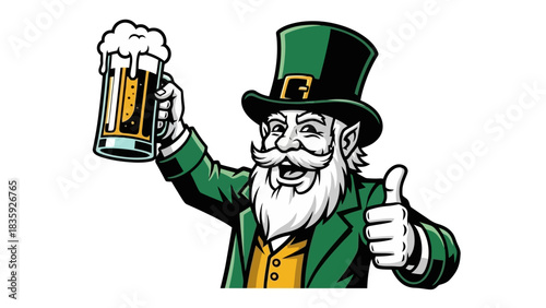 A cheerful leprechaun in a green hat and jacket raises a frothy mug of beer and gives a thumbs-up.